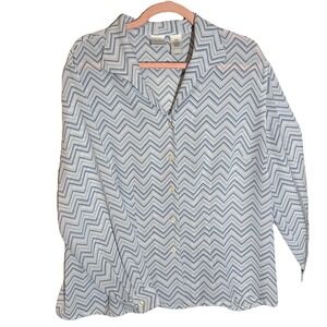 Emma James Button Up Blouse Shirt Womens Large White Blue Zig Zag Linen Top